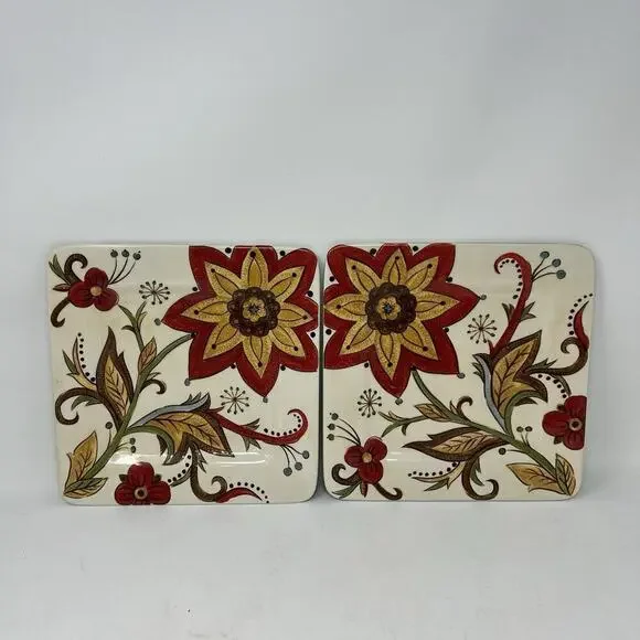Pier 1 Imports Carynthum Square Salad Plate 8.75" Floral Set of 2 Earthenware , - Picture 1 of 3
